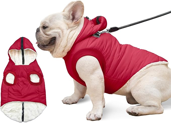 Fleece Lining Dog Hoodie with Harness Built in,Extra Warm Medium Dog Jacket in Winter Doggie Coats with Hooded,Red L