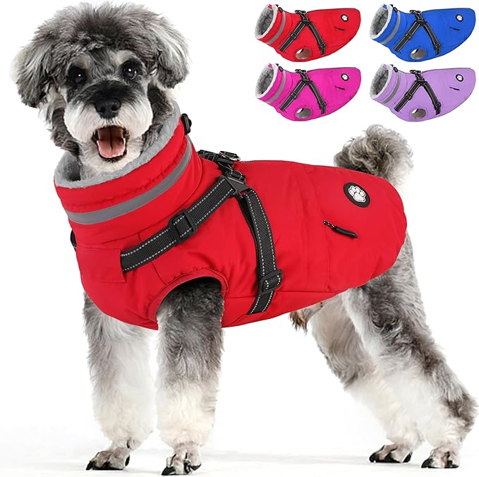 Dogcheer Dog Coat with Harness, Waterproof Dog Jacket, Christmas Puppy Winter Coat with Pocket, Reflective Doggy Turtleneck Puffer Vest for Small Medium Large Dogs - Red, M