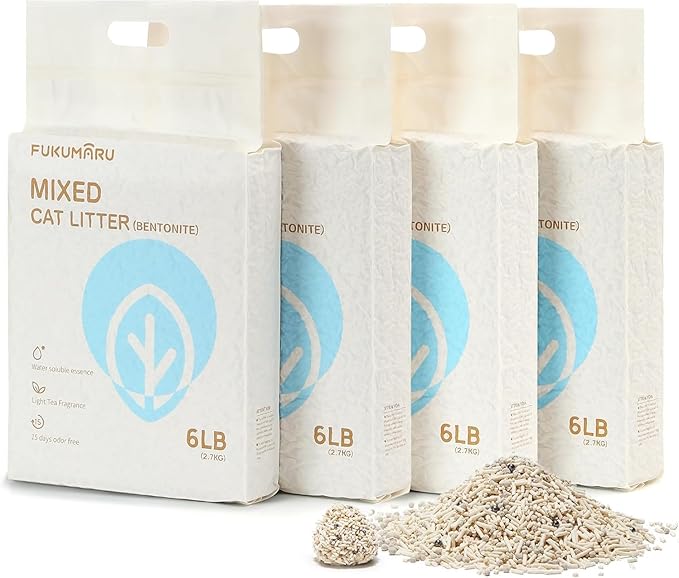 FUKUMARU Mixed Tofu Cat Litter, Strong Clumping Cat Litters, Effective Oder Control, Dust Free and Ultra Absorbent Flushable Bentonite White Tea Cat Litter, Direct to Toliet, 24 LB(4 Packs)