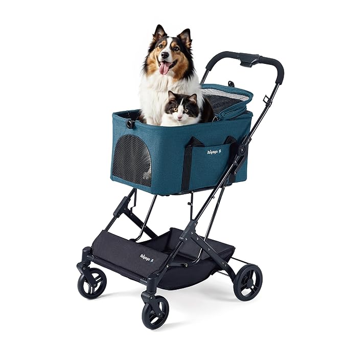 ibiyaya Essential – Travois Tri-Fold Pet Travel System for Medium Dogs, Cats, and More, 3 in 1 Dog Stroller with Detachable Carrier, XL Cabin (Nautical Blue)