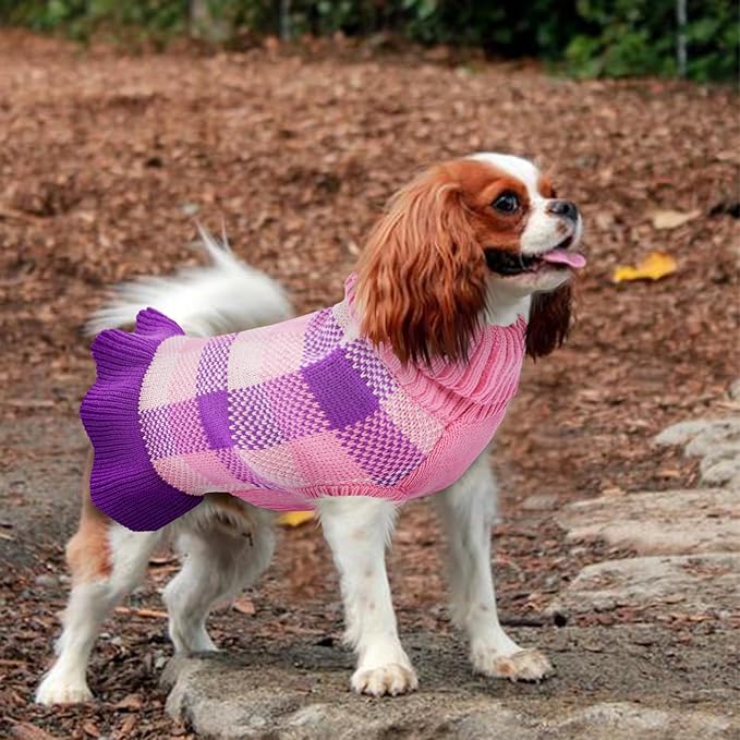 Dog Sweater Dress Plaid Knitwear for Small Medium Dogs Warm Puppy Pet Turtleneck Stretch Pullover Cute Fall Winter Vest Clothes with Leash Hole for Christmas (Purple, S)