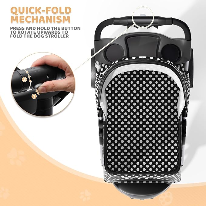 Magshion 3-Wheel Pet Stroller, Foldable Travel Jogger for Small & Medium Dogs & Cats (Up to 33lbs), Lightweight Carrier with Breathable Mesh Cover, Cup Holder & Storage Basket, Black Polka Dots