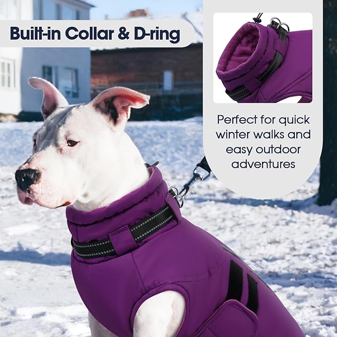 IECOii Winter Dog Coat for Extra Large Dogs, Waterproof Reflective Dog Snow Jacket for Giant Breeds, Built in Collar Snowsuit Thermal Dogs Cold Weather Coats for Great Dane, Purple - 4XL