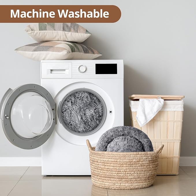 JOLLYVOGUE Calming Dog & Cat Bed for Small Dogs, Anti-Anxiety Donut Cuddler Cozy Soft Round Bed with Anti-Slip Bottom, Fluffy Faux Fur Plush Cushion Beds for Small Medium Dogs, 20"/Smoke Black