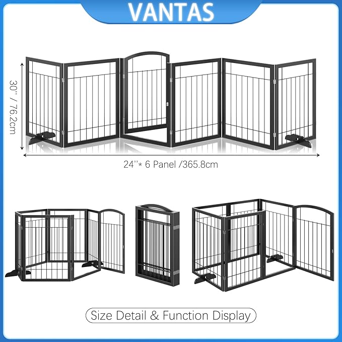Vantas Folding Pet Gate 144" Wide, 30" Tall No-Assembly Metal Dog Gate, Freestanding Wire Pet Gate, Pet Puppy Safety Fence, Extra Wide with 2PCS Support - Black