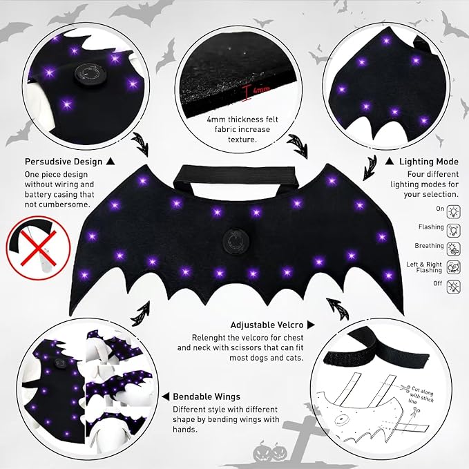 Luminous 20 LED Lights with bat Wings, Suitable for Halloween pet Costumes for Cats and Dogs, 4 Lighting Modes, Suitable for Different Body Types