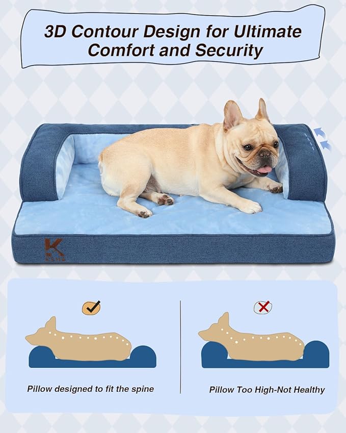 KSIIA Washable Dog Bed Medium Size Dog U-Shaped Bolster Pet Couch with Removable Waterproof Cover, Non-Slip Bottom and Egg-Crate Orthopedic Foam Pet Bed, 35 x 22 Inch, Blue