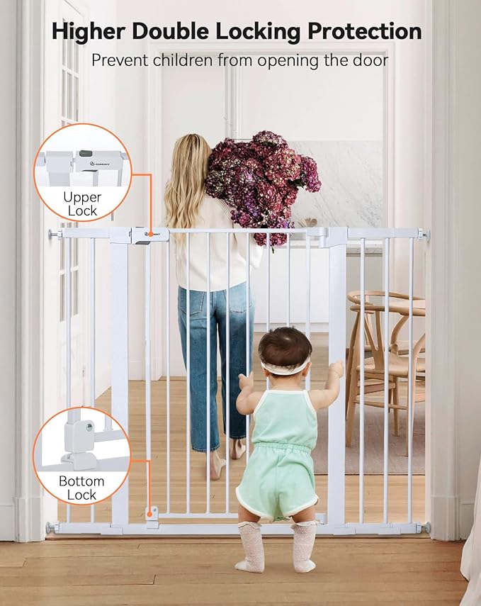 COMOMY 36" Extra Tall Baby Gate for Stairs Doorways, Fits Openings 29.5" to 43.3" Wide, Auto Close Sturdy Safety Dog Gate for House, Pressure Mounted Easy Walk Through Pet Gate with Door, White