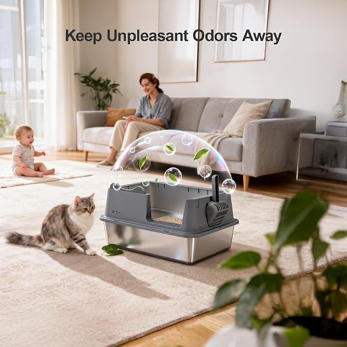 Stainless Steel Cat Litter Box, Open Top High-Sided Metal Litter Box with Scoop, Extra Large Litter Boxes for Kitty Kitten and Big Cats, Anti-Urine Leakage, Non-Sticky, Easy to Clean (Grey)