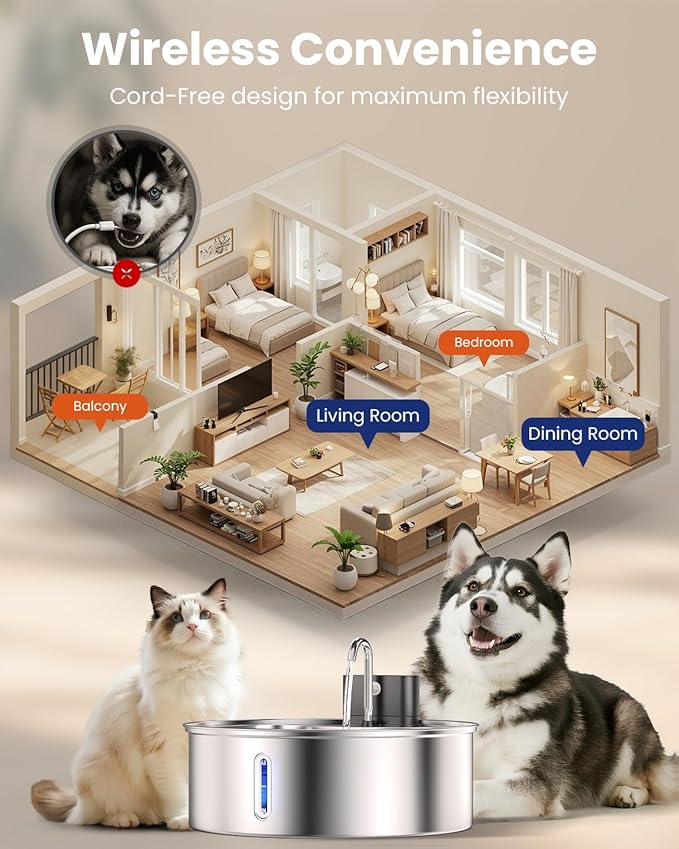 Wireless Dog Water Fountain Stainless Steel with Sensor 12L/3.2Gal Cordless Automatic Water Dispenser Quiet Pump BPA-Free Automatic Cat for Drinking, Easy Clean for Cats Dogs Pets
