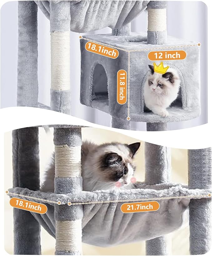 Tall Cat Tree 63 in, Multilevel Cat Tower for Adult Cats, Climbing Tree House and Towers with Condo Hammock Scratching Post Wide Base (Light Gray, 63 in)