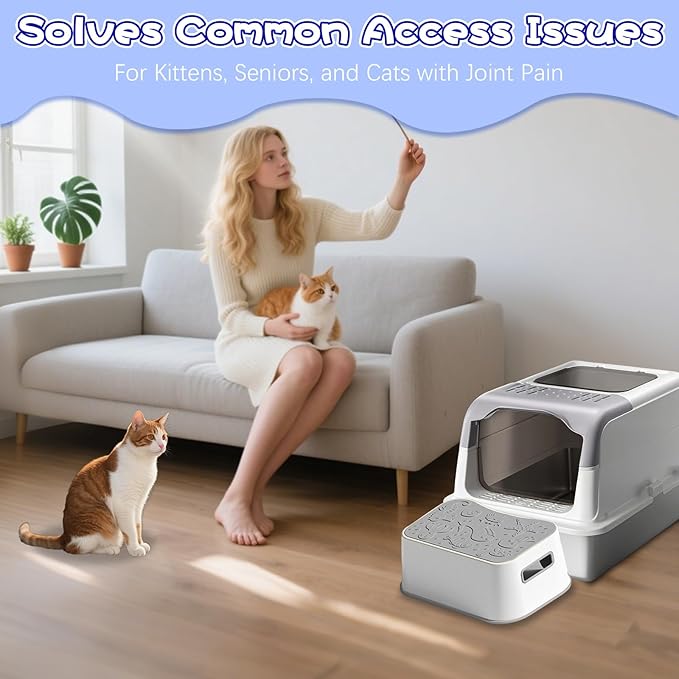 SpaceTime Elevated Cat Litter Mats,Small Litter Box Mat,Waterproof Cat Ramp Stair Litter Box Step With Non-Slip Rubber-Like Base For Floor,Easy Cleaning Pet Pad Suitable For Kitty & Elderly Cats(Grey)