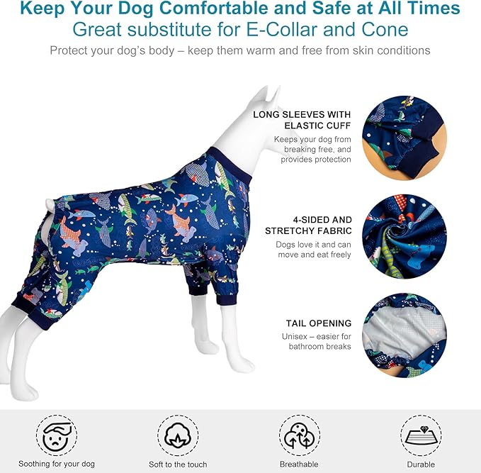 LovinPet Dog Sweatshirt, PjS for Surgery Recovery, Ocean Blue Shark Print, Large Dog Pjs, Lightweight Uv Protection Shirt,Easy to Wear Dog Jumpsuit, Medium,Large