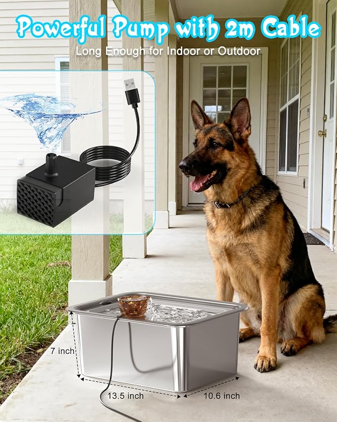 12L/3gal Stainless Steel Large Dog Water Fountain for Large Dog, Electric Pet Water Dispenser with Water Level Window&LED, Cat and Dog Fountain Water Bowl for Multi-Pet Home,Super Quiet