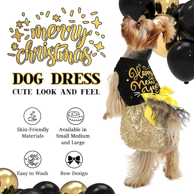 Happy New Year Outfit - Dog Dresses & Costumes for Small & Large Dogs, Funny Puppy Dress with Bow for Holidays & Occasions