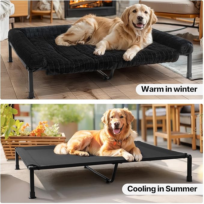 Veehoo Cooling Elevated Dog Bed with Fluffy Plush Cushion, Washable Raised Dog Beds with Removable Bolster, Breathable Mesh, No-Slip Feet, Heavy Duty Pet Cot for Large Dogs, 53 x 37 inches, Black