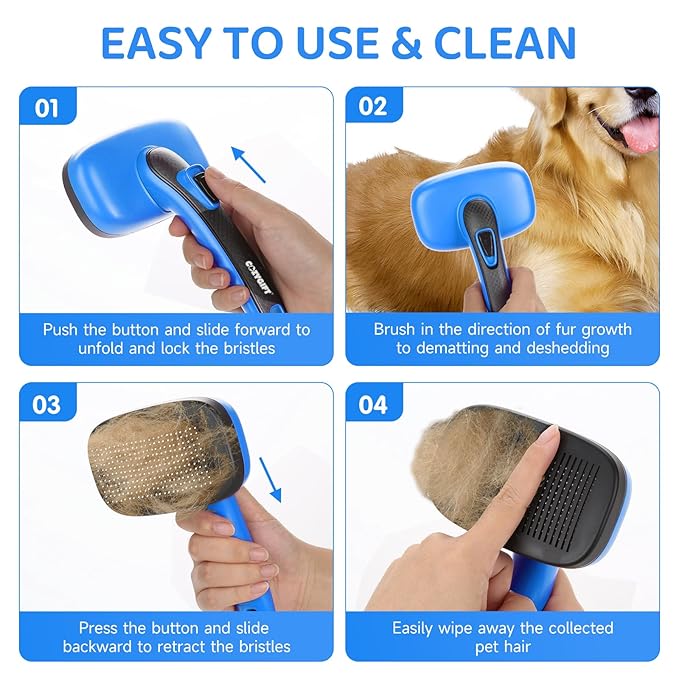 Dog Brush Kit – 3 PCS Grooming Set with Self-Cleaning Brush, Undercoat Rake & Pet Bath Brush. Great for Shedding, Tangles & Dirt Removal – Ideal for Long & Short Haired Dogs & Cats, Blue