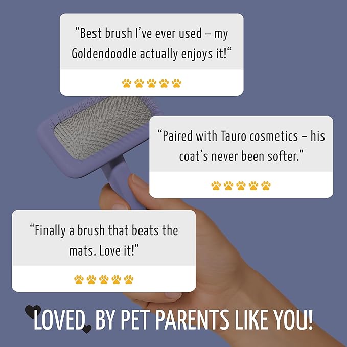 Tauro Pro Line Wooden Deshedding Dog Brush for Long Goldendoodle, Labradoodle & Poodle Hair - Purple Slicker Brush for Dog & Cat Grooming - Rectangular Flexible Cushion & Non-Slip Grip, M