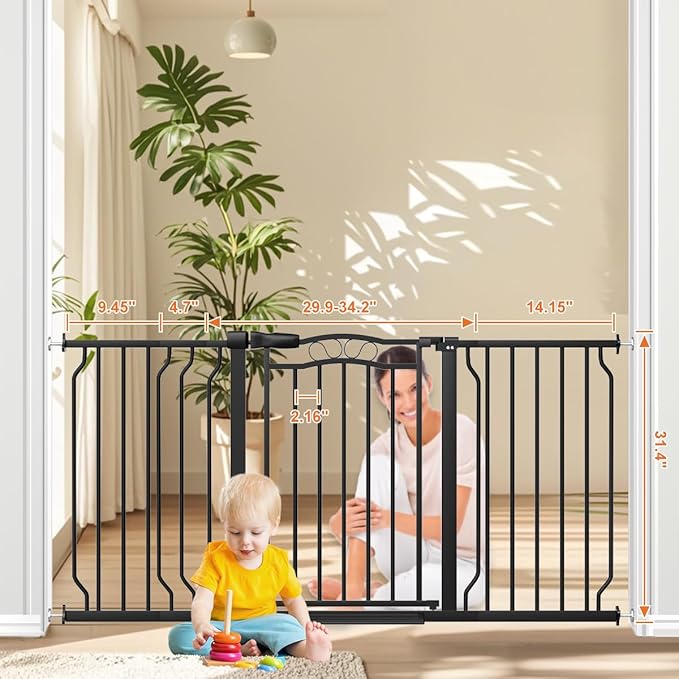 53.1-62.2" Extra Wide Baby Gate for Doorways No Drill, 30" Tall Auto Close Press Mounted Baby Safe Gate for Stairs, Walk Through Dog Gates for Doorways, Black