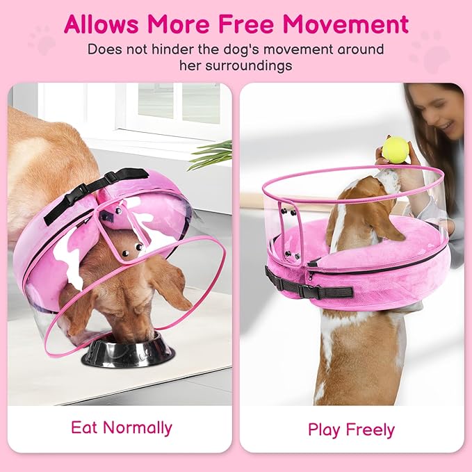 BARKLESS Inflatable Dog Cone, Protective Dog Surgery Collar to Stop Licking Biting Wounds, Patented Soft Donut Cone with Clear Shield, Adjustable Blow-up Collar for Surgery Recovery (Pink, S)