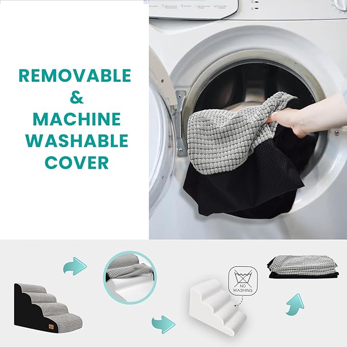 Dog Stairs for Small Dogs, 20.5" H 4 Step Curved Dog Ramp for High Bed and Couch, Foam Dog Ramp with Durable Non-Slip Waterproof Fabric Cover, Pet Stairs for Pets Joints, Light Grey