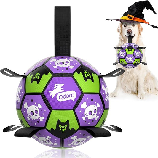 QDAN Halloween Dog Toys Balls, Soccer Ball with Straps for Dog Birthday Gift, Puppy Toy for Small Medium Breed (8 Inch)