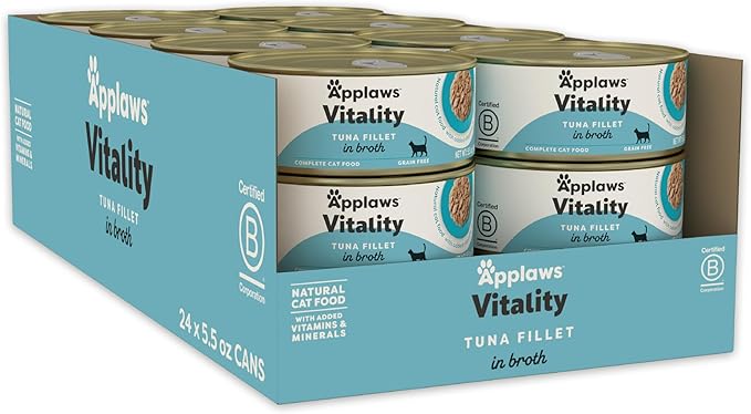 Applaws Vitality Wet Cat Food in Broth, Natural Cat Food with Added Vitamins & Minerals, Grain-Free, Carrageenan Free, Tuna Fillet in Broth (24 Count, 5.5oz Cans)