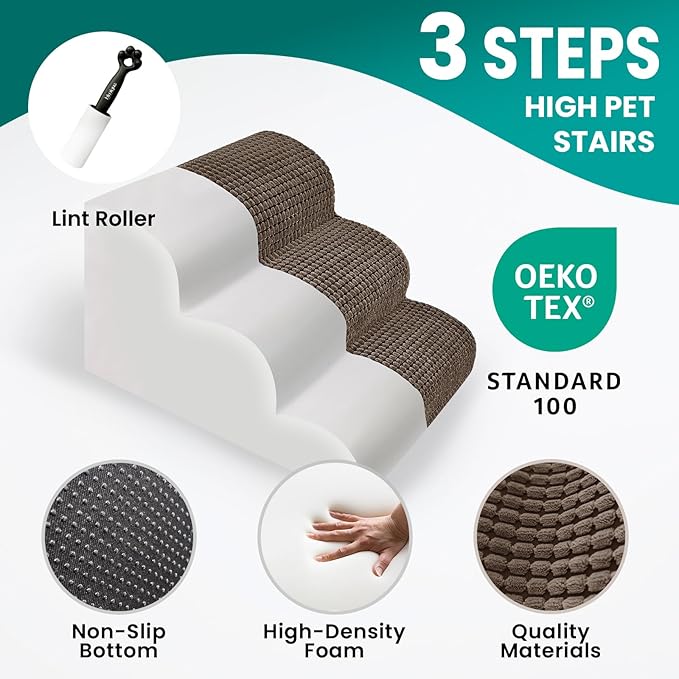 Dog Stairs for Small Dogs, 15.8 in H 3 Step Curved Dog Ramp for High Bed and Couch, Foam Dog Ramp with Durable Non-Slip Waterproof Fabric Cover, Pet Stairs for Pets Joints, Brown