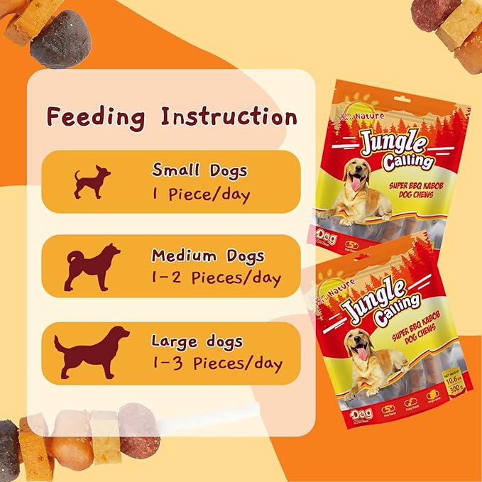 Jungle Calling Dog Treats, Multi-Flavor Kabob Dog Snacks, Edible Dog Kabobs, Made with Chicken, Duck, Beef, Sweet Potato and Pumpkin, Rawhide Sticks for Dogs