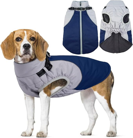 Dog Coat Waterproof,Warm Dog Winter Jacket with Harness Built in Windproof Snow Jakcet with Fleece Lining Reflective Thermal Cold Weather Coats for Large Dogs,Windproof Pet Snowsuit,Blue,L