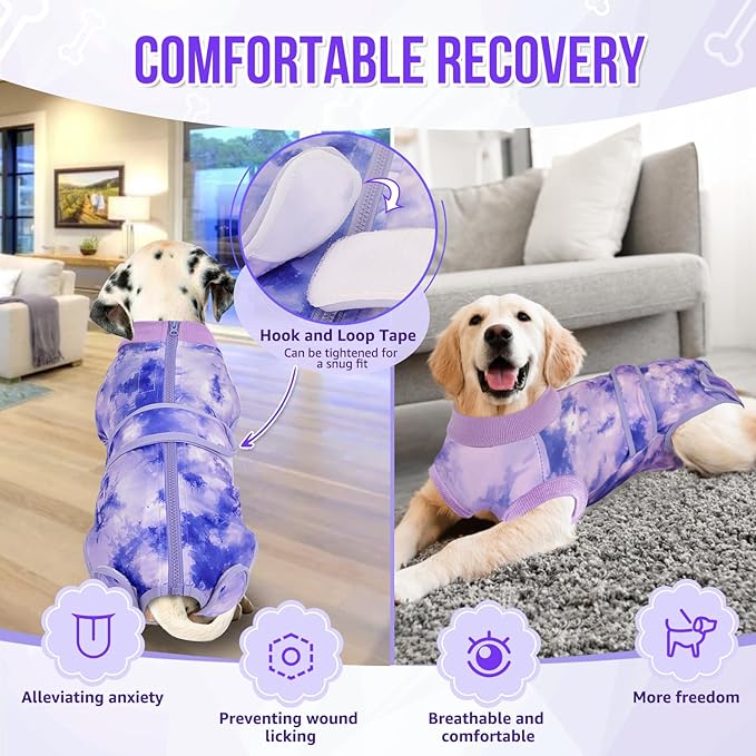 Lukovee Recovery Suit for Dogs, Zipper On Recovery Suit for Female Male Dog, Onesie Abdominal Wounds Cone E-Collar Alternative Prevent Licking Spay Recovery Suit (Medium, Purple Tie-dye)
