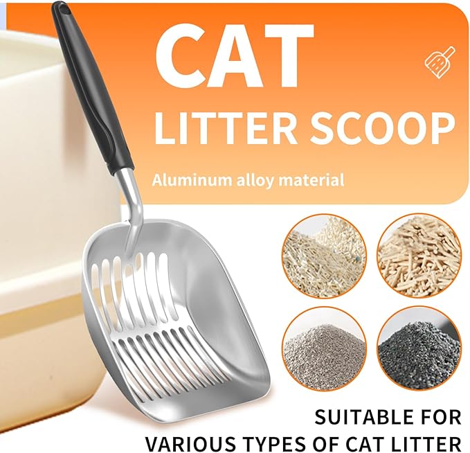 Cat Litter Scoop, Aluminum Alloy Sifter, Kitty Metal Scooper, Deep Shovel, Long Handle, Poop Sifting, Kitten Pooper Lifter, Durable, Heavy Duty, for Litter Box (Big-Black)
