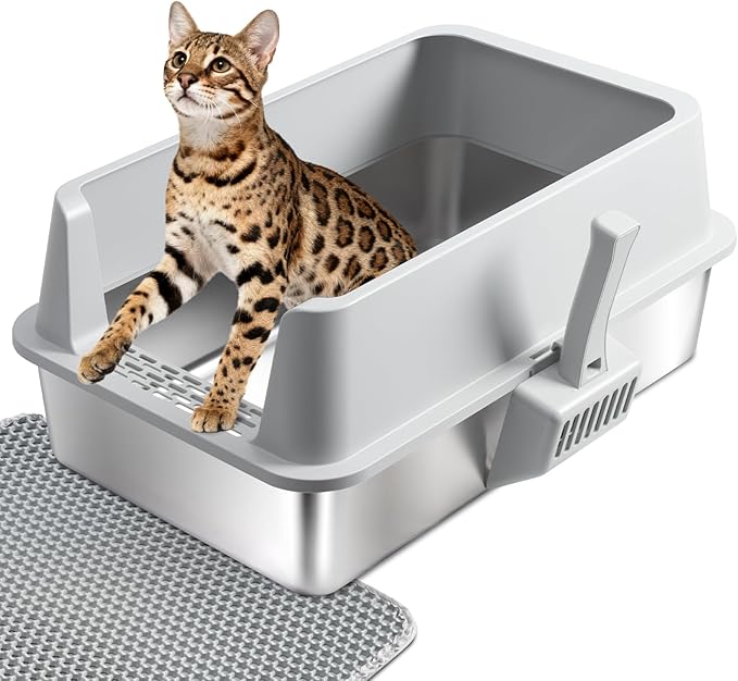 Stainless Steel Cat Litter Box with Lid,XL Extra Large Litterox for Big Cats with High Sided,Non-Sticky,Easy Cleaning, Include Litter Mat &Scoop,23x14.6x9.9in
