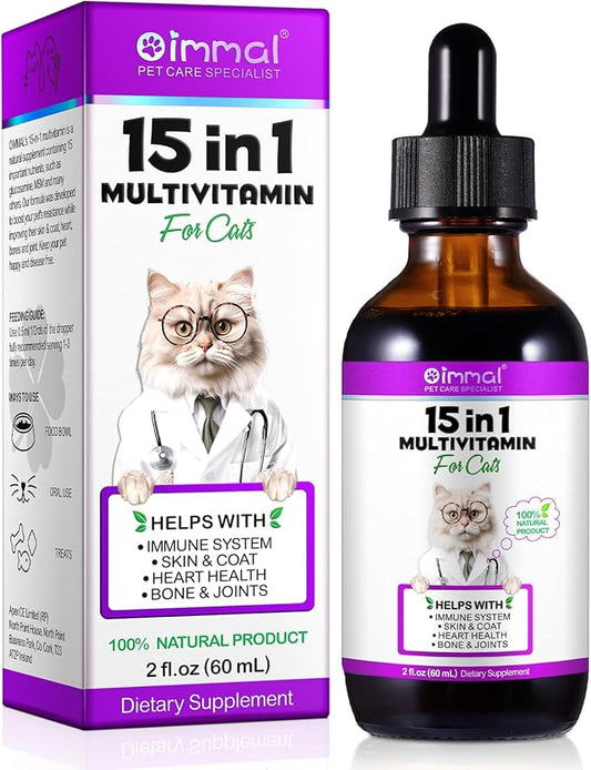 Cat Multivitamin, 15 in 1 Cat Multivitamin Liquid Drops, Cats Vitamins and Supplements with Glucosamine and Probiotics, Bones, Joint, Skin & Coat, Bladder, Immune System Support, 60ML