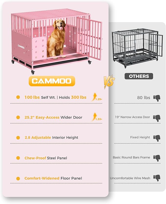 48'' Heavy Duty Dog Crate for Large Dogs, – Upgraded Chew-Proof Panels, Comfort-Widened Floor Panel, Dog Kennel Indoor, Adjustable Internal Height, Easy-Access Wide Door, 4 Lockable Wheels