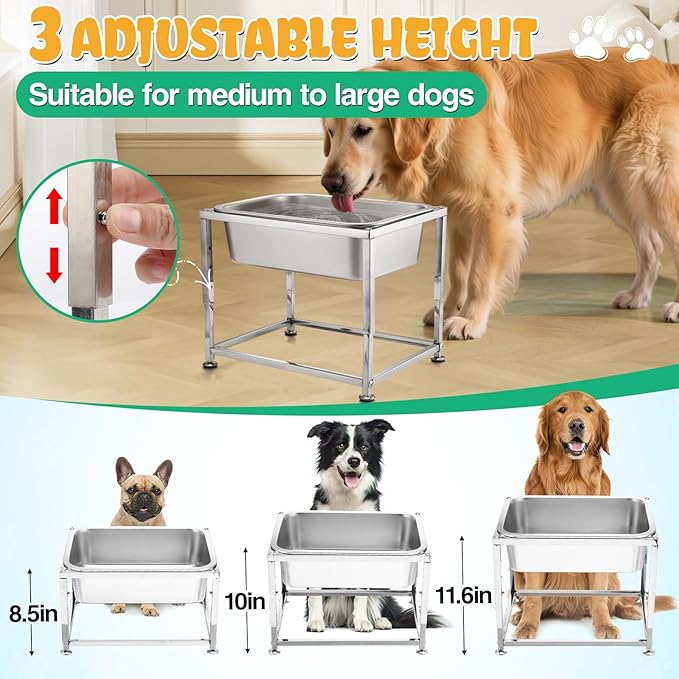 2 Gallons Large Elevated Dog Water Bowl - 3 Height Adjustable (8.5'', 10'', 11.6'') Raised Stand, Stainless Steel Dog Bowl for Medium Large Dogs Relief Joint Pressure