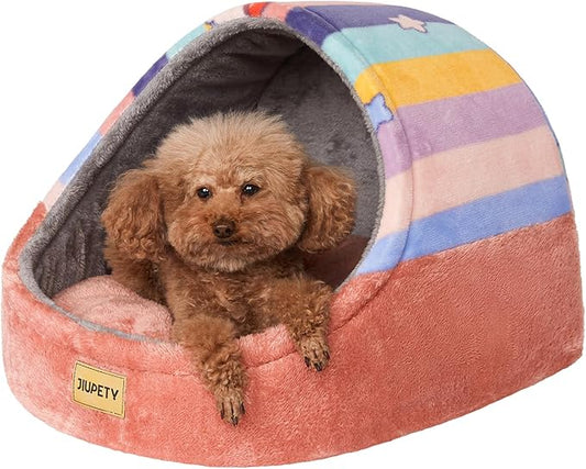 Jiupety Cute Cat Beds for Indoor Cats, Cat Cave Bed for Kittens, Hideaway Cat House for Cats & Small Dog with Anti-Slip Bottom, Washable Removable Cushion, L(19"x17"x16"), Rainbow