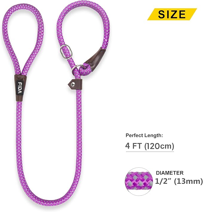 Fida Slip Leads for Dogs - 4 FT x 1/2" Heavy Duty Comfortable Strong Rope Leash for Large, Medium Dogs - No Pull Pet Training Leash with Highly Reflective, Purple