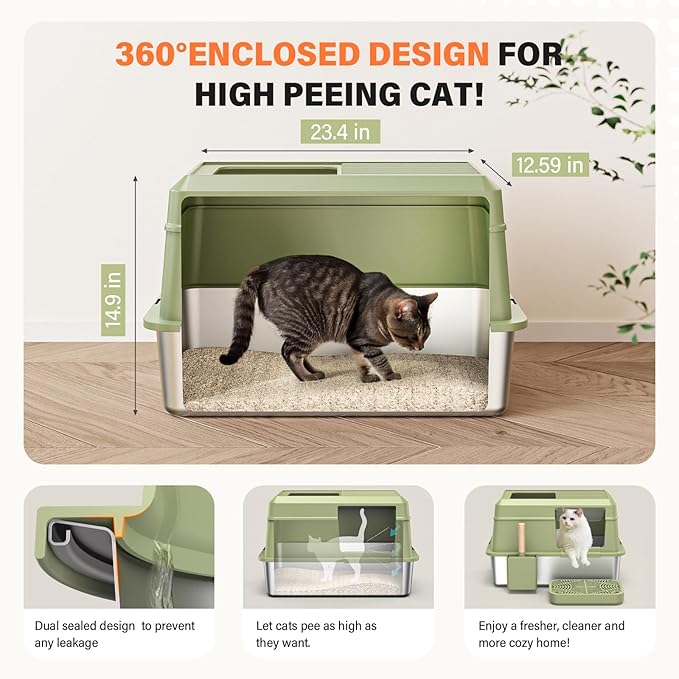 Stainless Steel Cat Litter Box with Scoop, Metal Litter Box High Sided, Cat Litter Box Enclosure, XL Extra Large High-Sided Litter Boxs (Anti-Urine Leakage, Include Scoop) (Green)