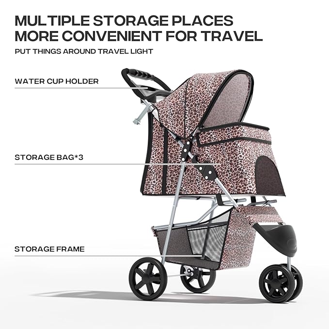 Cat Dog Stroller,3-Wheels Pet Stroller for Medium/Puppy Dogs 30 Lbs, with Storage Basket and Cup Holder, Breathable Mesh Leopard Print