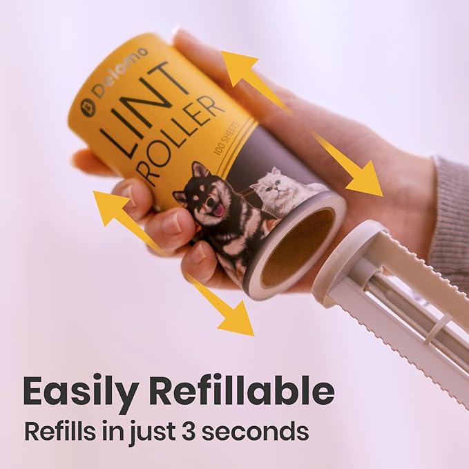 DELOMO Lint Roller 600 Sheets (2 Rollers + 4 Refills) - Lint Rollers for Pet Hair Extra Sticky, Mega Value Pet Hair Removal Tool for Clothes/Couch/Furniture/Car - Keep Your Home Tidy