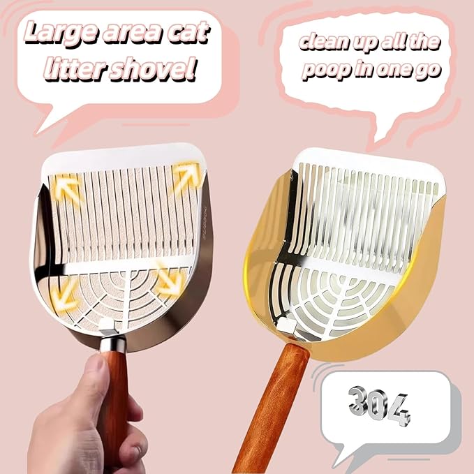 Heavy Duty Aluminum Alloy Cat Litter Scoop with Stand | Beech Wood Grip + Long Handle for Comfort | Deep Sifter for Fast, Efficient Poop/Litter Cleaning | Durable for Litter Box (Long Strip)