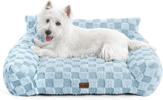 MADE 4 PETS Cat and Dog Indoor Couch Bed, Soft Faux Fur Checkered Pet Sofa, Cozy Fluffy Pet Sofa with Supportive Foam, Removable Washable Cover with Non-Slip Base, Blue, Medium