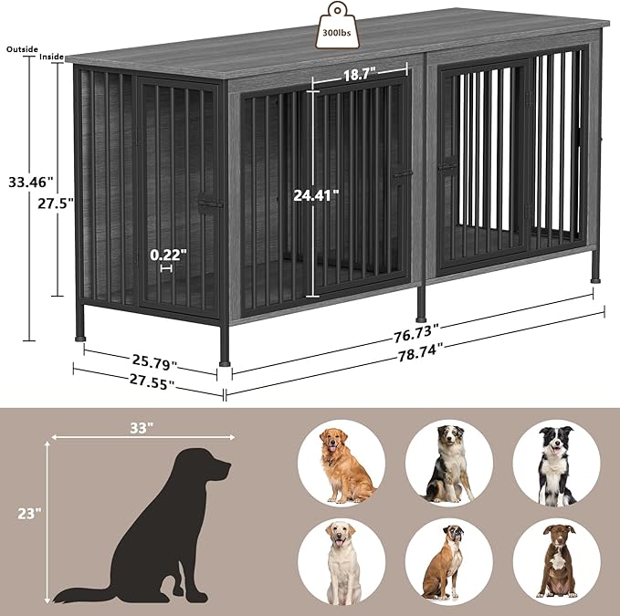 EasyCom Dog Crate Furniture for 1 or 2 Dogs, Heavy Duty Single/Double Dog Crates for Small/Medium/Large Dogs, Dog Kennel Furniture Indoor as TV Stand, Large Size 78.74" L(35-60 Pounds), Dark Grey