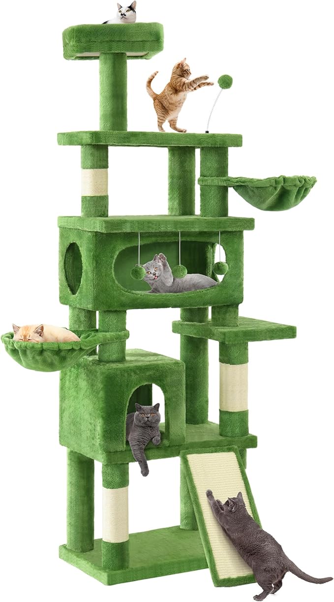 76in Cat Tree for Indoor Large Cats, Tall Cat Tower with Scratching Posts, Cat Tree Tower w/Hanging Balls, Multi-Level Condo Cozy Hammock, House, Large Activity Center, Green