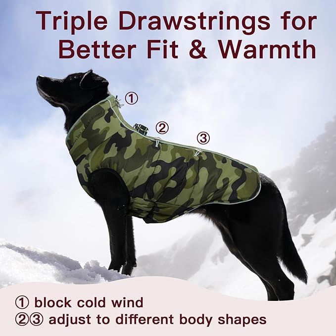 Dog Winter Jacket - XX Large, Warm Zip Up Snowsuit Dog Harness Vest, Reflective, Water-Resistant, Camouflage