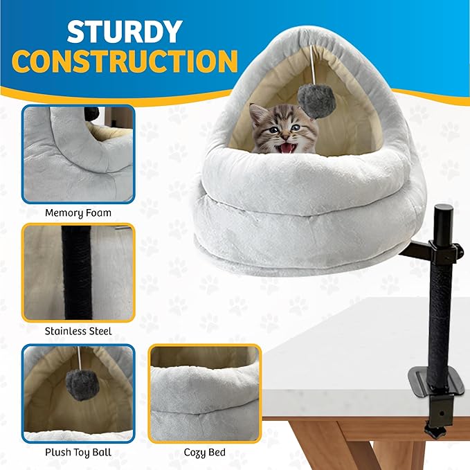 Cat Desk Bed with Scratching Post – Elevated Modern Perch for Desk, Window, or Shelf Use – Dual-Purpose Flat Surface or Plush Bed for Napping & Lounging – Space-Saving Indoor Cat Furniture