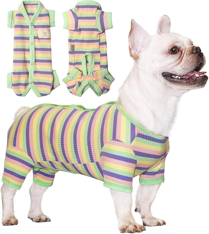 TONY HOBY Dog Pajamas, Male Dogs Pajama Clothes with Rainbow Stripe, Dog 4 Legged Jumpsuit Knit Clothes for Small Medium Size Dogs (Green&Yellow, Boy, M)
