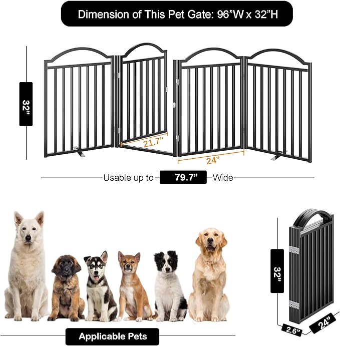UDD Dog Gate Indoor 96" Extra Wide, 32" Tall Foldable Pet Gate with Door for Stairs Doorways Hallways Porch, Freestanding No Drilling Metal Pet Fence for Dogs Puppy, Black 4-Panel