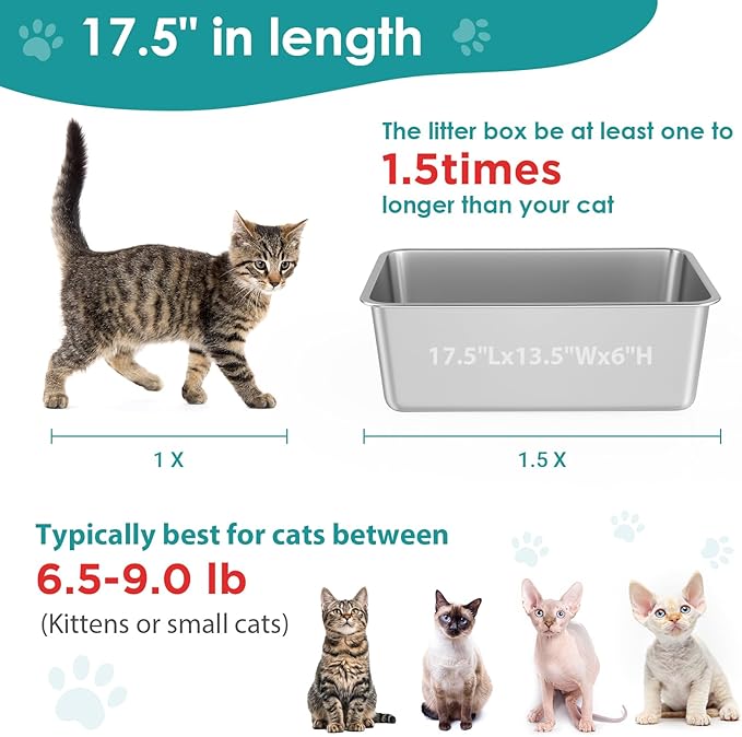 IKITCHEN Stainless Steel Cat Litter Box, Small Metal Cat Litter Box, Deep Litter Pan for Cats Kittens, Easy to Clean Odor Control Durable Nonstick Smooth Surface 17.5 in x 13.5 in x 6 inches